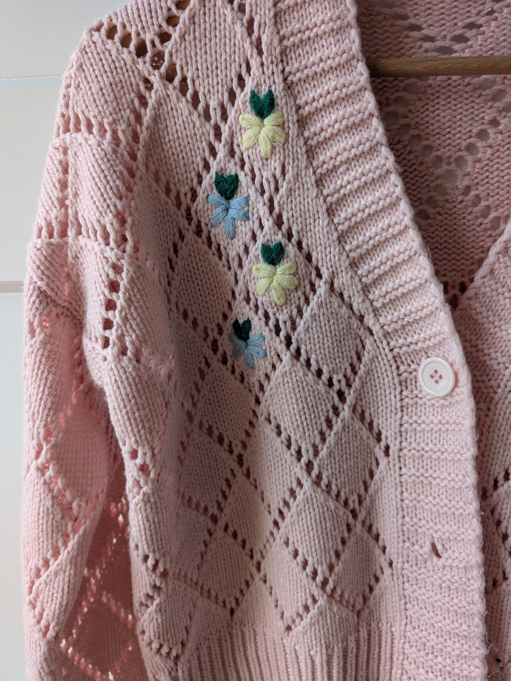 Pink Open-Knit V-Neck Cardigan Sweater - Picture 2 of 4